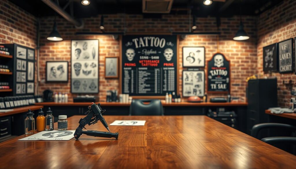 A high-quality, hyper-realistic tattoo studio interior with a large wooden desk, a tattoo gun, ink bottles, and stencils in the foreground. In the middle ground, a wall display showcases different tattoo styles and pricing information. The background features a warm, cozy lighting setup with exposed brick walls, creating an inviting and professional atmosphere.