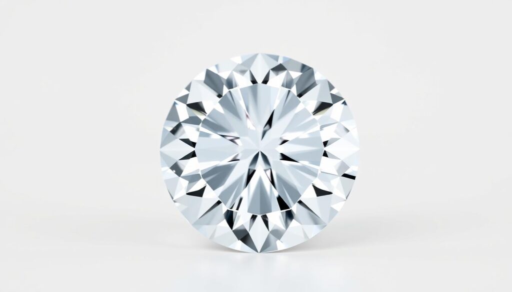 A high-quality, macro shot of a round Portuguese cut diamond, showcased against a clean, white background. The diamond's distinctive, faceted surface reflects the light, creating mesmerizing patterns and highlights. The image has a sharp, focused composition, with the diamond positioned centrally and filling the frame. Soft, even lighting from the front and sides accentuates the diamond's brilliant, sparkling quality. The overall mood is one of refined elegance, highlighting the beauty and craftsmanship of this unique diamond cut.