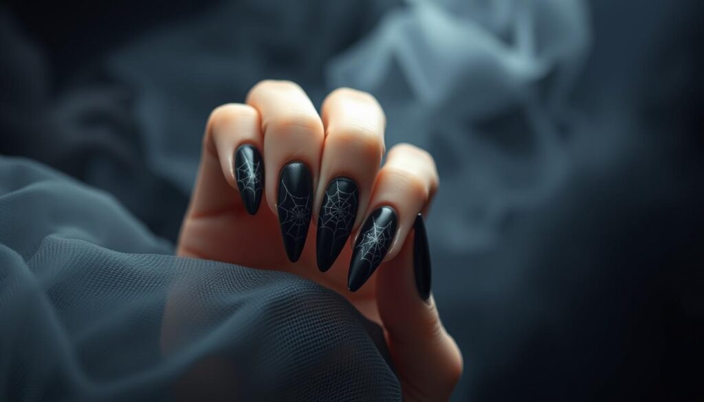 A high-quality stiletto nail art design featuring a spooky Halloween theme. The nails are painted in a deep, velvety black and adorned with intricate spider web patterns, created with precision. The nails are set against a moody, atmospheric background that evokes the haunting spirit of the holiday, with soft lighting casting dramatic shadows. The overall composition is sleek and elegant, showcasing the stiletto nail shape in a way that is both fashionable and festive, perfect for a budget-friendly Halloween look.