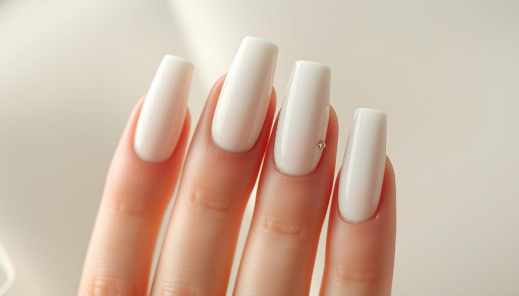 A high-resolution close-up image of several perfectly manicured white stiletto nails against a soft, hazy backdrop. The nails are long, elegant, and feature intricate nail art designs in a minimalist, monochrome style - geometric patterns, subtle texture, and delicate embellishments. The lighting is soft and diffused, creating a serene, luxurious atmosphere that emphasizes the glossy, well-maintained appearance of the nails. The composition focuses on the nails, filling the frame and drawing the viewer's eye to the details of the nail art. The overall mood is one of refined sophistication and meticulous care.
