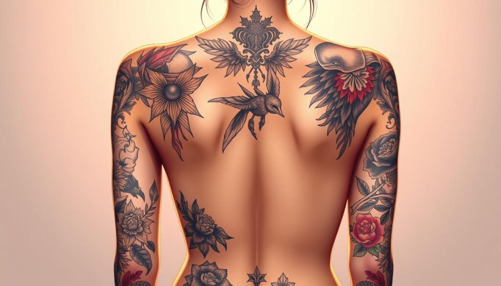 A high-resolution digital illustration of a female's back, showcasing a variety of custom and pre-made tattoo designs. The tattoos should feature intricate linework, bold colors, and thoughtful compositions that flow seamlessly across the subject's back. The lighting should be soft and diffused, creating a warm, almost glowing effect on the skin. The angle should be slightly elevated, allowing the viewer to appreciate the full canvas of the back. The background should be minimalist, with subtle gradients or soft textures to keep the focus on the stunning tattoo artwork.