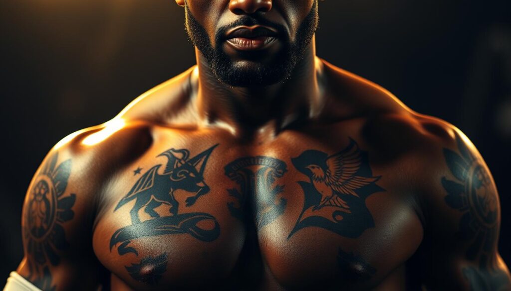 A high-resolution portrait of LeBron James' upper body, focused on his tattoos. The tattoos are crisp and detailed, showcasing intricate designs and patterns covering his arms, shoulders, and chest. The lighting is dramatic, with warm, golden tones illuminating the skin and creating a sense of depth and texture. The background is blurred, placing the emphasis entirely on the tattoos and their visual impact. The overall mood is contemplative, inviting the viewer to closely examine the meaning and symbolism behind LeBron's personal body art.