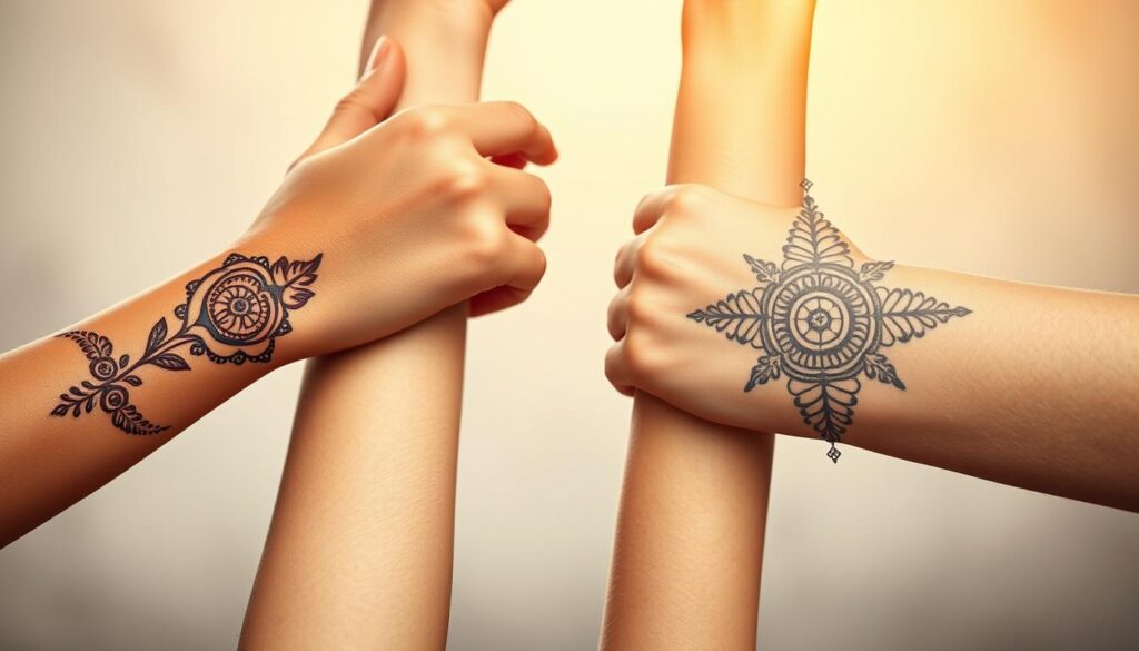 A highly detailed, photorealistic image of two women's arms side by side, one with a temporary henna-style tattoo and the other with a permanent intricate tattoo design. The tattoos are the main focus, showcased against a soft, blurred background that sets a serene, natural tone. Warm, diffused lighting highlights the delicate linework and color of the tattoos. The composition is balanced, with the arms positioned to emphasize the contrast between the temporary and permanent body art. The overall mood is one of thoughtful comparison, inviting the viewer to consider the differences and similarities between these two popular forms of self-expression.