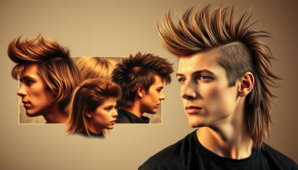 A historical montage of the iconic mullet hairstyle, from its retro 1970s roots to its modern-day resurgence. In the foreground, a classic 80s mullet with sharp lines and feathered layers, illuminated by warm studio lighting. In the middle ground, a collage of mullet styles through the decades - a shaggy 70s version, a spiky 90s take, and a more tapered, contemporary interpretation. The background features a muted, vintage-inspired color palette, evoking the evolution of this enduring, yet polarizing look. Crisp, high-resolution details showcase the nuances of this distinctive, business-in-the-front, party-in-the-back style.