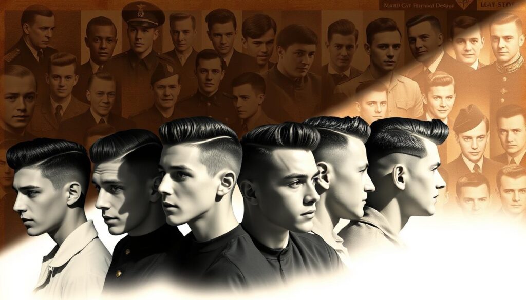 A historical progression of the iconic crew cut hairstyle, showcasing its evolution over time. In the foreground, a series of vintage black-and-white portraits depict the classic short, close-cropped look, with varying degrees of tapered sides and napes. The middle ground features transitional styles, exploring how the crew cut adapted to changing trends, with slight variations in length and texture. The background is a richly textured, sepia-toned collage of archival imagery, including military personnel, athletes, and influential figures who popularized the crew cut through the decades. Dramatic lighting casts dramatic shadows, evoking a sense of timeless elegance and the enduring appeal of this quintessential men's hairstyle.