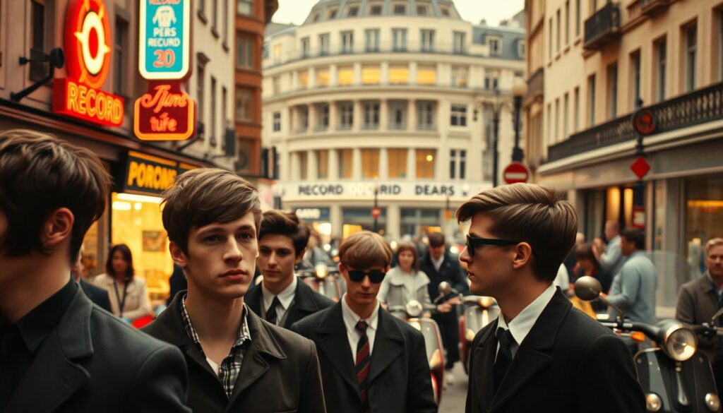 A lively mod scene unfolding in the heart of 1960s London. In the foreground, a group of stylishly dressed individuals showcase the iconic mod haircuts - short on the sides, longer on top, with a sleek, parted style. The middle ground reveals a bustling city street, with neon-lit cafes, record shops, and scooters buzzing by. In the background, the distinct architecture of the era, including art deco buildings and vintage lampposts, sets the atmospheric stage. Warm, diffused lighting casts a nostalgic glow, capturing the energy and vibrancy of the mod cultural movement at its origins.