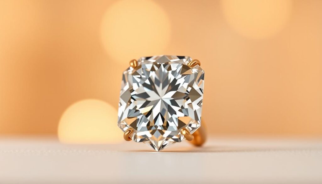 A lustrous Portuguese cut diamond against a backdrop of warm, soft lighting. The gem's intricate facets capture and refract the light, creating a mesmerizing play of brilliance and fire. The diamond is set in a delicate, elegant gold mounting, its timeless design evoking the rich heritage of Portuguese jewelry craftsmanship. The composition is framed by a softly blurred, ethereal environment, conveying a sense of timeless beauty and refinement. Smooth, even lighting illuminates the diamond's captivating clarity and depth, showcasing its timeless allure.