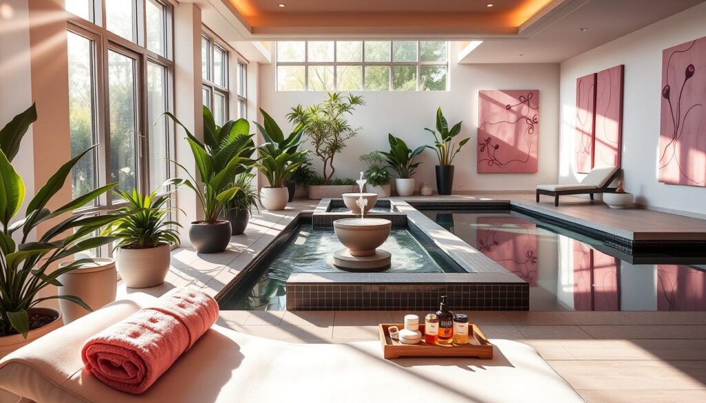 A luxurious spa experience: Sunlight filters through floor-to-ceiling windows, illuminating a serene indoor oasis. In the foreground, a plush chaise longue invites guests to recline, with soft pink towels and a tray of gourmet spa treatments nearby. The middle ground features a tranquil water feature, its gentle sounds soothing the senses. Lush potted plants and a minimalist, contemporary decor create a calming ambiance. In the background, a reflection pool reflects the natural beauty, while the walls are adorned with artful, abstract wall panels in shades of pink. The overall atmosphere exudes a sense of refined elegance and total relaxation.