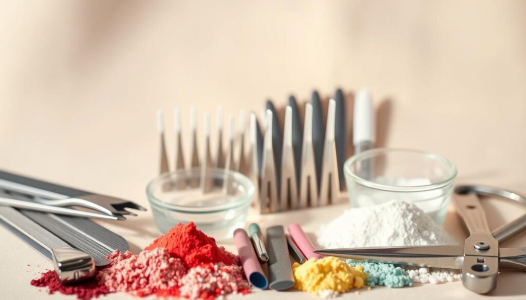 A meticulously arranged still life of various stiletto nail materials and tools, set against a soft, neutral background. In the foreground, an array of acrylic nail powders in a range of stylish colors, complemented by sleek metal nail files and a sharp pair of nail clippers. In the middle ground, a set of tapered stiletto nail tips in different sizes, along with a small glass bowl filled with clear nail polish. Diffused, natural lighting casts a warm, inviting glow over the scene, highlighting the textures and reflective surfaces of the materials. The overall composition conveys a sense of sophistication, attention to detail, and the tools required to achieve the perfect stiletto nail look.