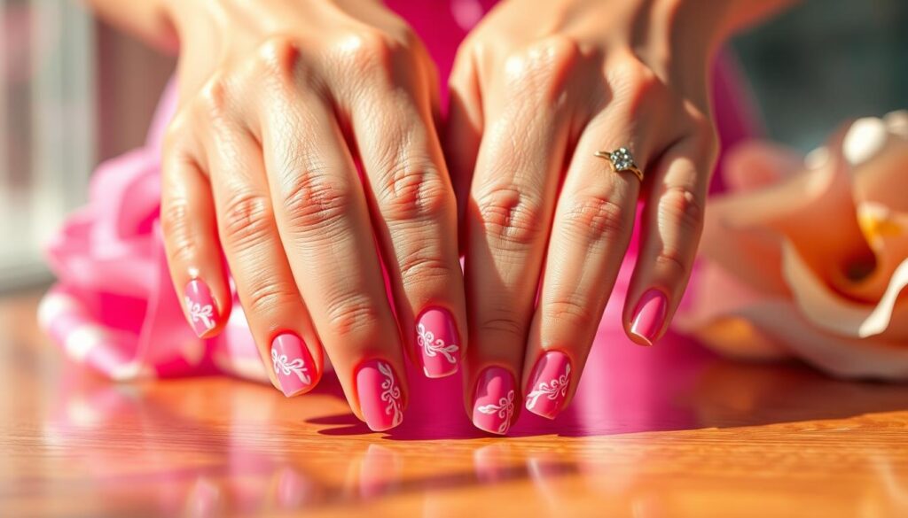 A meticulously crafted nail art masterpiece, showcasing a vibrant pink and pristine white palette. The foreground features an elegant, close-up view of a set of gracefully manicured hands, the nails adorned with intricate designs that dance across the surface. The middle ground offers a soft, blurred backdrop, allowing the nails to take center stage. Warm, natural lighting casts a gentle glow, accentuating the smooth, glossy finish and delicate details. The overall composition evokes a sense of refinement, inviting the viewer to appreciate the artistry and technique involved in creating this visually captivating nail art display.