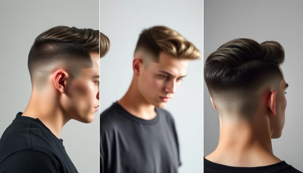 A meticulously crafted studio scene showcasing the distinct low, mid, and high fade hairstyles. In the foreground, a close-up of a male model's head, his hair smoothly transitioning from closely cropped sides to a longer, textured top. The middle ground features another model with a mid-fade, the gradual length change creating a sleek, modern look. Finally, the background highlights a high fade, the hair tapering dramatically from the nape to the crown, exuding a bold, contemporary vibe. Soft, directional lighting accentuates the depth and dimension of each fade, while a minimalist backdrop allows the hairstyles to take center stage. This triptych presents the key fade types in a visually captivating, informative manner.