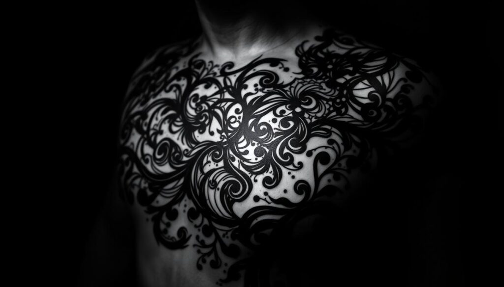 A meticulously detailed blackout tattoo design, showcasing a striking contrast between bold, inky blackness and intricate, swirling patterns. The foreground features a cohesive, geometric composition with sharp edges and clean lines, while the middle ground unfolds a mesmerizing tapestry of organic, abstract shapes. The background subtly shifts between deep, shadowy tones and hints of lighter, ethereal elements, creating an atmosphere of both intensity and mystique. Dramatic chiaroscuro lighting emphasizes the dramatic interplay of light and dark, evoking a sense of power and mystery. Captured with a medium-wide angle lens, the image offers a comprehensive view of the captivating blackout tattoo design.