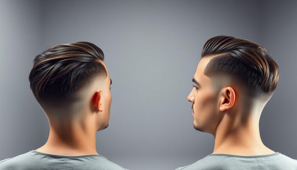 A meticulously lit studio setting showcasing a side-by-side comparison of two distinct men's hairstyles - the French Crop and the French Crop Low Fade. The foreground features the two styled heads, captured in sharp detail, allowing viewers to clearly discern the subtle yet impactful differences in length, texture, and blending between the two cuts. The middle ground offers a minimalist backdrop, keeping the focus firmly on the hairstyles. Soft, directional lighting accentuates the depth and dimension of the hair, creating an elegant, professional atmosphere. The overall composition is balanced and visually striking, inviting the viewer to closely examine and appreciate the nuances of these complementary yet distinct hairstyling techniques.