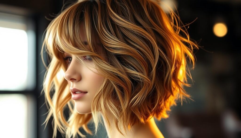 A meticulously styled retro-modern hairstyle, showcasing a textured, layered shag with subtle waves and volume. The model's hair has a natural, effortless flow, complemented by warm, diffused lighting that casts soft shadows and highlights the dimensional texture. The overall aesthetic evokes a vintage sensibility with a contemporary twist, capturing the essence of a modern, elevated take on the classic shag haircut.