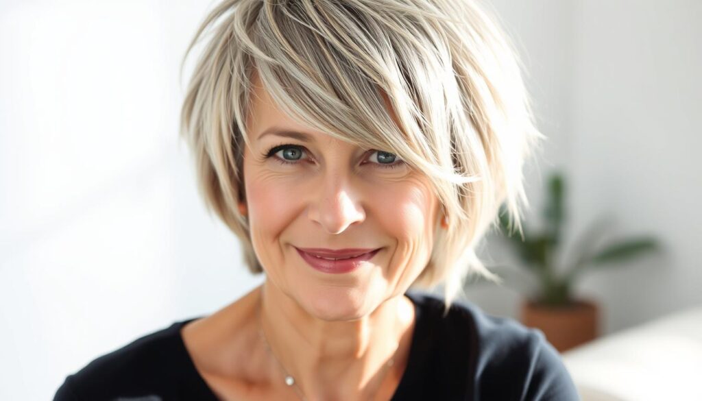 A middle-aged woman with a choppy pixie haircut, styled with a textured, piece-y effect. Her hair has a mix of grays and blondes, creating a dynamic, youthful look. Soft natural lighting illuminates her face, highlighting her confident expression. The image has a clean, minimalist background, allowing the focus to remain on the hairstyle and the model's features. The overall aesthetic conveys a sense of effortless sophistication and a woman embracing her age with style.