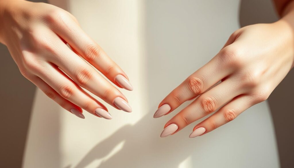 A minimalist set of elegant stiletto nails in a soft, muted color palette. The nails are delicately shaped to a sharp point, with a clean, glossy finish that catches the light. The hands are positioned gracefully, with the fingers slightly curled, creating an effortless, feminine pose. The lighting is soft and diffused, casting subtle shadows that accentuate the nail shape and texture. The background is a simple, neutral tone, allowing the nails to be the focal point of the image, conveying a sense of understated sophistication and timeless style.