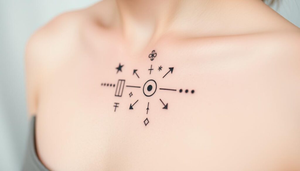 A minimalist tattoo design composed of clean lines, simple geometric shapes, and delicate patterns. The design features a series of abstract symbols and minimalist icons arranged in a symmetrical, balanced composition. The tattoo is depicted with a muted, monochromatic color palette, with the focus on the intricate line work and negative space. The image has a serene, understated aesthetic, conveying a sense of elegance and sophistication. The lighting is soft and diffused, highlighting the subtle details and creating a sense of depth. The angle is a close-up view, showcasing the intricate details of the tattoo design.