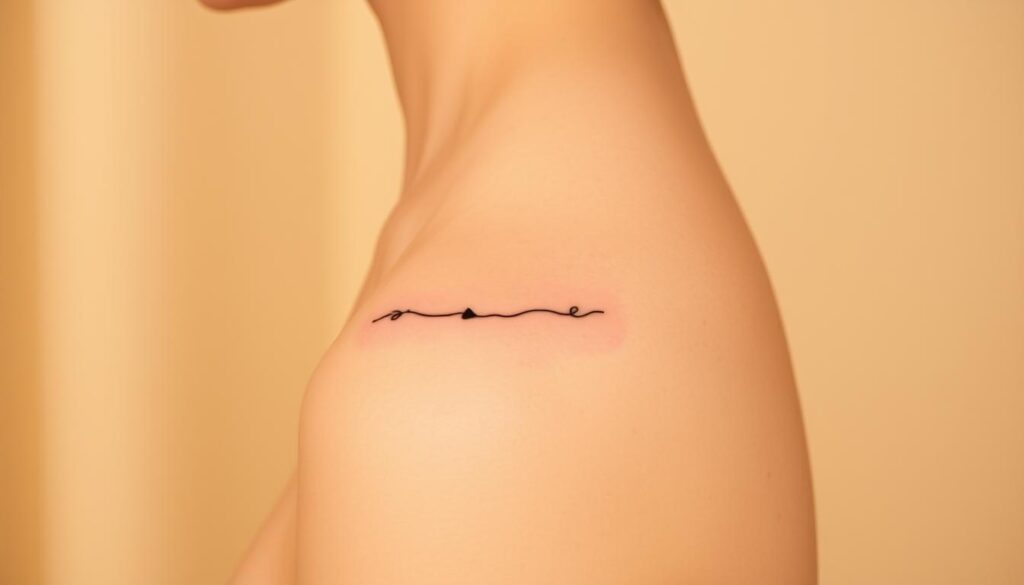 A minimalistic tattoo design featuring subtle, delicate ink lines and shapes that symbolize personal meaning. The artwork is depicted against a neutral, warm-toned background with soft, diffused lighting that accentuates the intricate details. The tattoo design is positioned in the foreground, with a sense of balance and harmony, allowing the viewer to focus on the elegant simplicity of the imagery. The overall aesthetic is clean, refined, and evocative, capturing the essence of personal expression through body art.