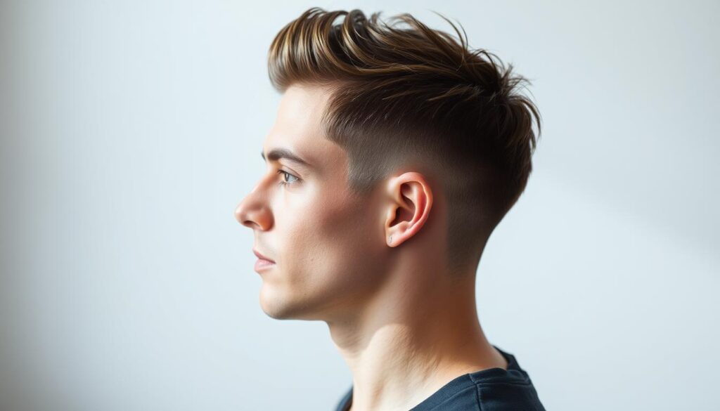 A modern fade haircut with a seamless transition from short to long, featuring a smooth taper on the sides and back, complemented by a textured, slightly messy finish on top. The lighting is natural, with soft shadows accentuating the contours of the style. The subject is captured in a three-quarter view, allowing the viewer to appreciate the depth and dimension of the cut. The overall atmosphere is clean, contemporary, and stylish, reflecting the sophisticated yet edgy nature of the Bellingham haircut.
