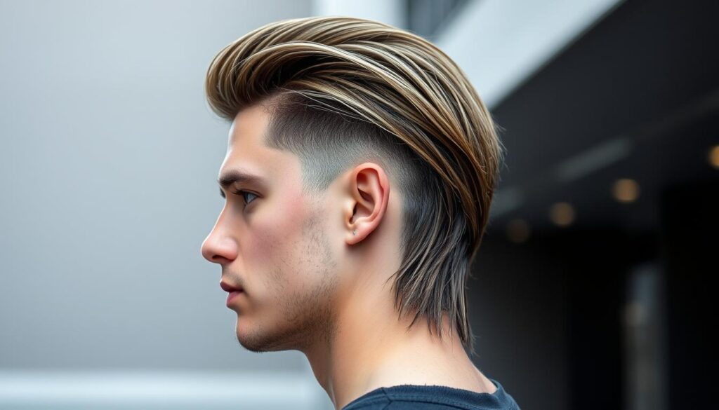 A modern fade mullet with a sleek, structured silhouette. Tight fades on the sides transitioning into longer, textured hair on top with subtle layers. Subtle highlights and low-key, natural-looking styling create a sharp, contemporary feel. Lighting is soft and diffused, with a slight backlight accentuating the dimensional layers. The composition is tightly framed, focusing on the intricate cut and flow of the style. An urban, minimalist backdrop provides a clean, sophisticated setting for this fresh take on a retro classic.