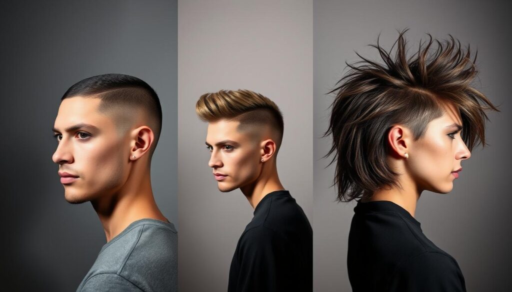 A modern mullet haircut evolution, with a smooth fade transitioning to longer, textured locks at the back. The model's expression conveys a confident, edgy vibe, embodying the retro-to-modern transformation. Dramatic studio lighting, with a mix of warm and cool tones, casts dramatic shadows, accentuating the hairstyle's dynamic layers. The background is a minimalist, muted gradient, allowing the subject to take center stage. The overall aesthetic blends classic mullet elements with a contemporary, fashion-forward sensibility, showcasing the versatility and enduring appeal of this iconic hairstyle.