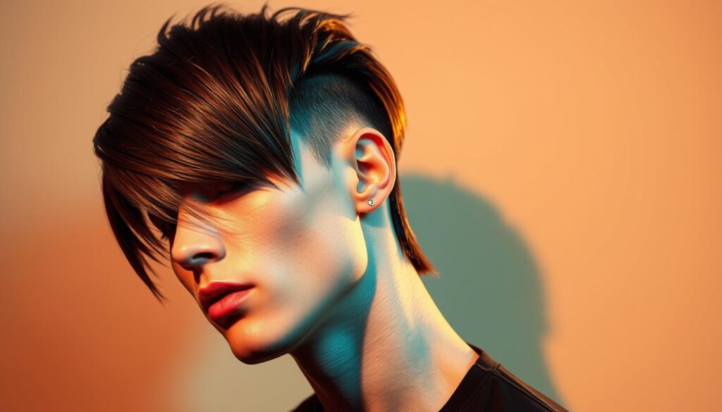 A modern mullet hairstyle with sharp, asymmetric layers and a sleek, high-gloss finish. The hair is swept back from the forehead, creating a dynamic, forward-leaning silhouette. Subtle undercuts and tapered sides emphasize the dramatic contrast between the long, textured crown and the closely cropped sides. Warm studio lighting casts dramatic shadows, highlighting the distinct lines and volume of the style. The overall aesthetic evokes a sense of retro-futuristic cool, blending classic mullet elements with a contemporary, high-fashion sensibility.