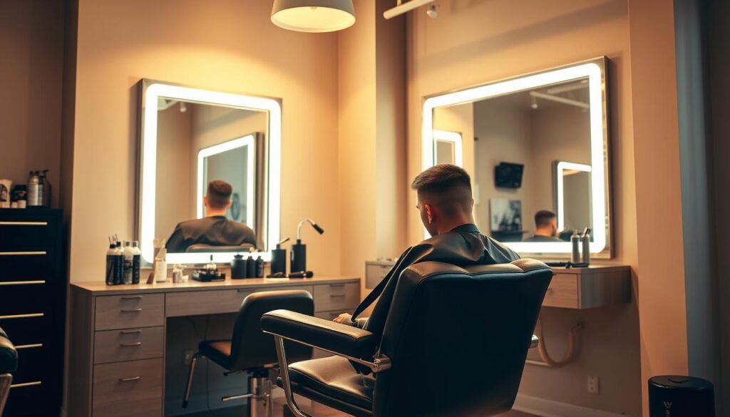 A modern salon interior with warm natural lighting, showcasing a mid-century inspired mod haircut styling station. The workspace features a classic barber's chair, a well-stocked vanity with grooming tools, and a large, backlit mirror framed in sleek, brushed metal. The overall aesthetic is minimalist yet elegant, with clean lines, neutral tones, and subtle metallic accents that create a refined, urban ambiance. The scene captures the skilled, hands-on process of achieving a precise, tapered mod cut, highlighting the attention to detail and craftsmanship involved in this timeless hairstyling technique.