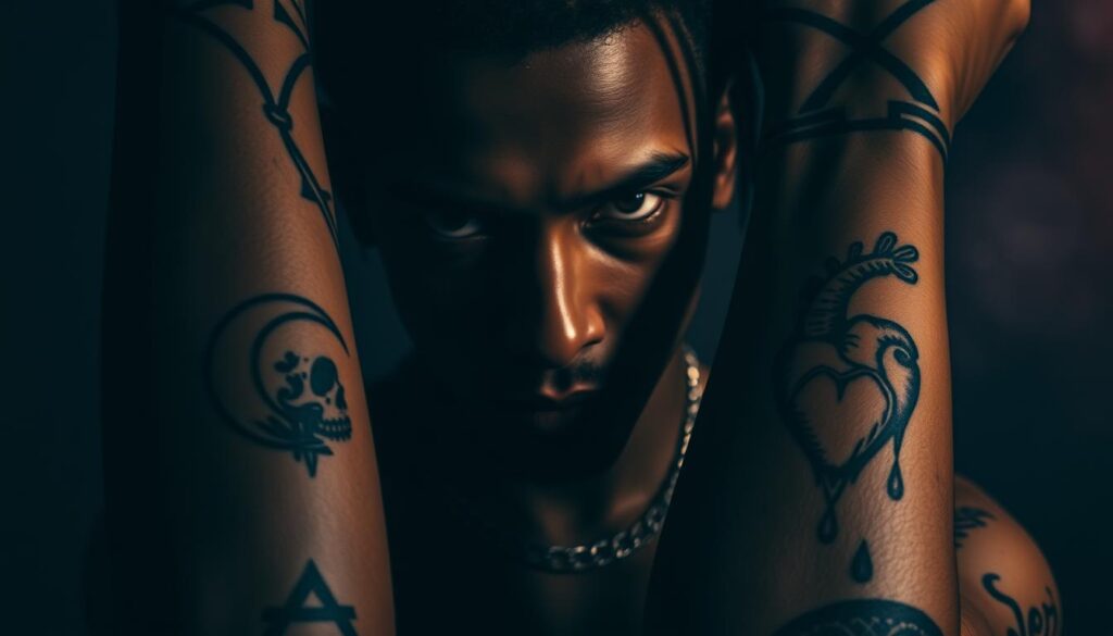 A moody, cinematic portrait of artistic tattoos inspired by the life and music of XXXTentacion. The foreground features intricate, symbolic ink designs - a crescent moon, a menacing skeleton, a bleeding heart. The middle ground showcases the rapper's piercing gaze, his features partially obscured by shadows. The background is a hazy, atmospheric backdrop of muted colors and dramatic lighting, evoking the melancholic, tortured essence of XXXTentacion's persona. The overall composition conveys the raw emotion and personal struggles that influenced his iconic tattoo artwork.