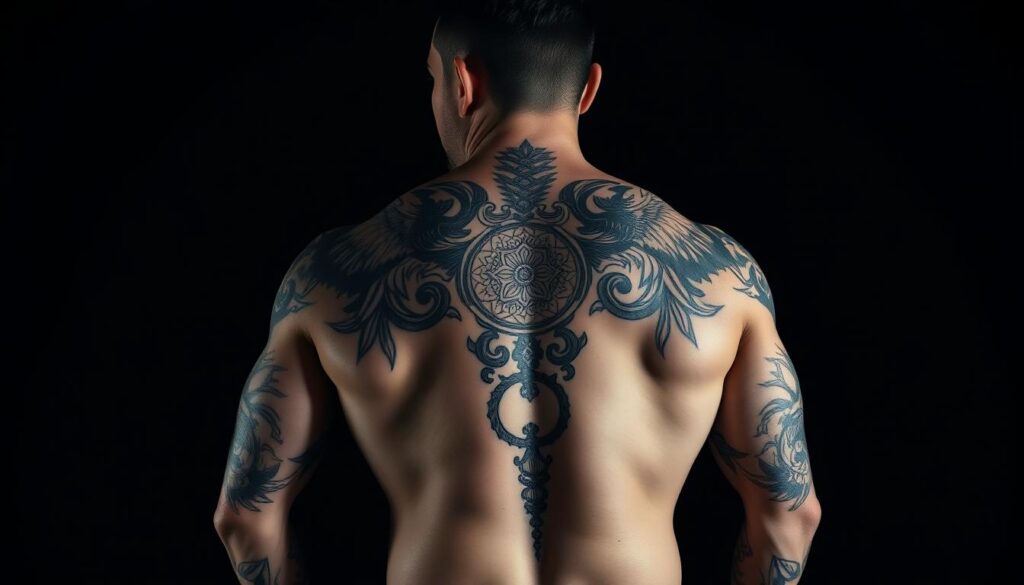 A muscular male figure stands in a dimly lit studio, his broad back exposed. Intricate black and grey tattoos cascade across his shoulders and down his spine, creating a striking visual display. The tattoos feature a harmonious blend of geometric patterns, mythical creatures, and bold linework that command attention. The lighting is dramatic, casting dramatic shadows that accentuate the contours of the body and the details of the ink. The model's expression is pensive, suggesting the personal significance of the artwork adorning his skin. The composition is carefully framed to showcase the sheer scale and artistry of the back tattoos, presenting them as a testament to the wearer's individuality and personal journey.