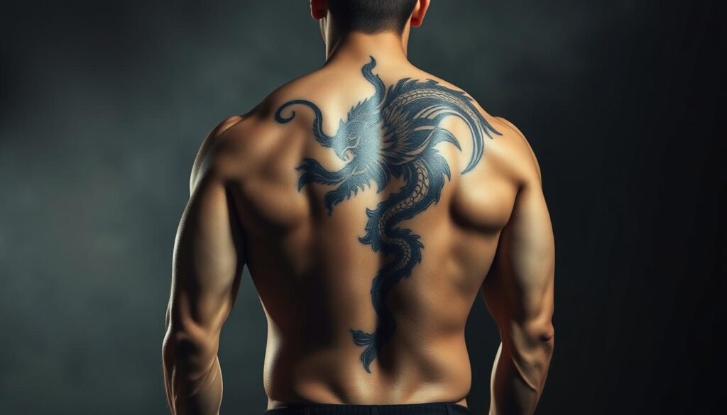 A muscular male figure stands in a dramatic, moody lighting, his back adorned with a large, intricate tattoo design that covers the majority of his upper back and shoulder blades. The tattoo features a bold, mythical creature or symbolic motif, its intricate linework and shading casting dramatic shadows across the man's defined musculature. The background is hazy, with a sense of depth and atmosphere, allowing the tattoo to be the focal point of the composition. The lighting is directional, creating dramatic contrasts and highlighting the textural details of the skin and ink. The overall mood is one of power, artistry, and masculine allure.