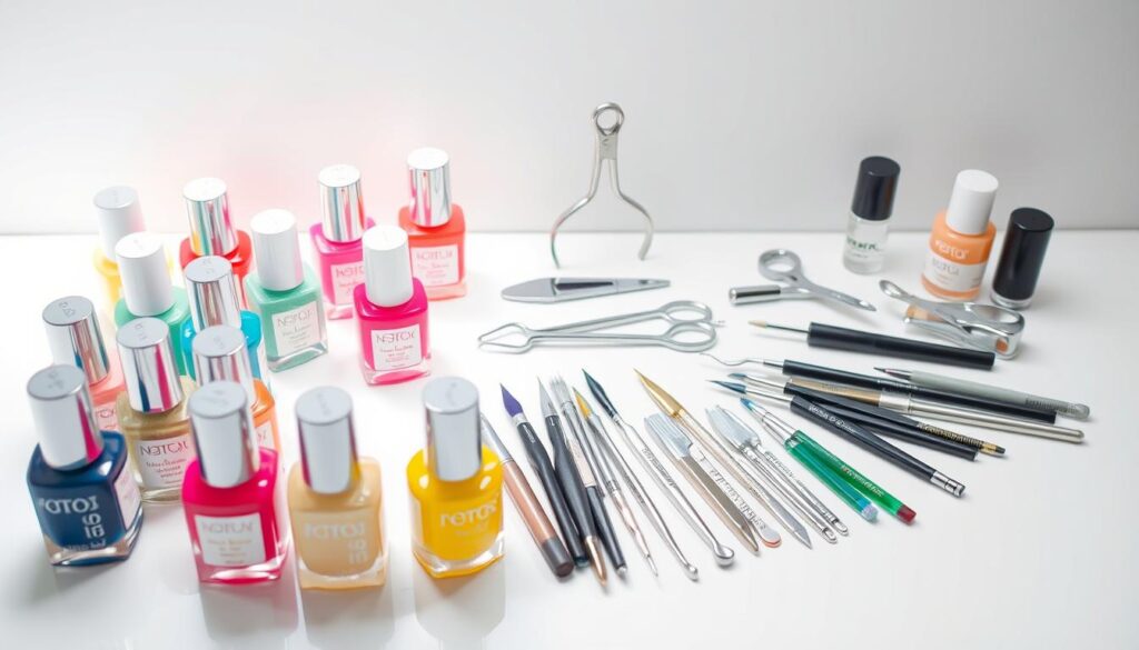 A neatly arranged collection of nail art supplies on a clean white surface, bathed in soft, diffused lighting. In the foreground, an array of gleaming nail polish bottles in a variety of vibrant hues, their labels clearly visible. Surrounding them, a selection of delicate nail art tools, including fine-tipped brushes, dotting tools, and metal cuticle pushers, all precisely positioned. In the middle ground, a manicure set with a miniature nail file, cuticle nipper, and scissors, their polished metal surfaces reflecting the light. The background features a neutral, uncluttered backdrop, allowing the tools and products to take center stage and creating a sense of focus and organization. The overall composition conveys a sense of professionalism and attention to detail, perfectly suited for the "Tools and Products Needed" section of the "Pink Stiletto Nails: The Ultimate Guide to Nail Art" article.