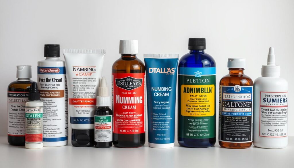 A neatly arranged display of various numbing cream bottles for tattoos, featuring a range of over-the-counter and prescription-strength options. The products are showcased against a clean, minimalist background, with soft, diffused lighting illuminating the labels and packaging. The composition emphasizes the differences in formulas, strengths, and application methods, allowing for a side-by-side comparison. The overall mood is one of clinical precision and consumer-focused presentation, highlighting the key details that would help a reader make an informed decision about the best numbing cream for their tattoo experience.