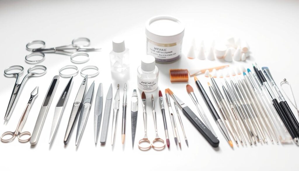 A neatly arranged selection of professional nail salon tools laid out on a pristine white background, illuminated by soft, diffused natural lighting. In the foreground, an array of precision manicure scissors, nail files, and cuticle pushers gleam under the light. In the middle ground, a set of delicate acrylic nail brushes and a small acrylic nail monomer bottle stand ready. In the background, a high-quality acrylic powder jar and a variety of nail tips in different shapes and sizes complete the comprehensive collection. The overall scene conveys a sense of order, cleanliness, and the specialized tools required for the art of applying acrylic nails.