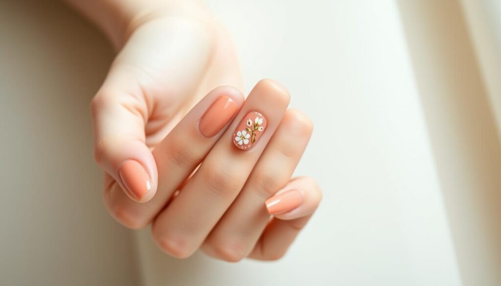 A perfectly manicured hand delicately showcasing an elegant salmon nail design. The nails are painted with a soft, warm salmon hue, complemented by intricate floral patterns in gold and white. The nails are displayed against a neutral, light-colored background, allowing the design to take center stage. The lighting is soft and diffused, creating a serene and glamorous atmosphere. The composition emphasizes the beauty and artistry of the salmon nail design, inviting the viewer to admire the intricate details and imagine how these stylish nails would elevate any outfit or occasion.