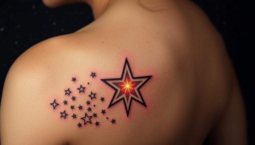 A personalized star tattoo design, meticulously crafted against a night sky backdrop. The foreground features a constellation of stars in a unique, custom arrangement, their celestial glow illuminating the skin. In the middle ground, a single, prominently placed star acts as the focal point, its radiant energy casting a soft, ethereal light. The background is a deep, inky expanse, dotted with twinkling stars that create a sense of depth and mystery. Crisp, high-contrast lighting emphasizes the tattoo's intricate details, capturing the essence of a truly captivating, one-of-a-kind star-inspired body art.