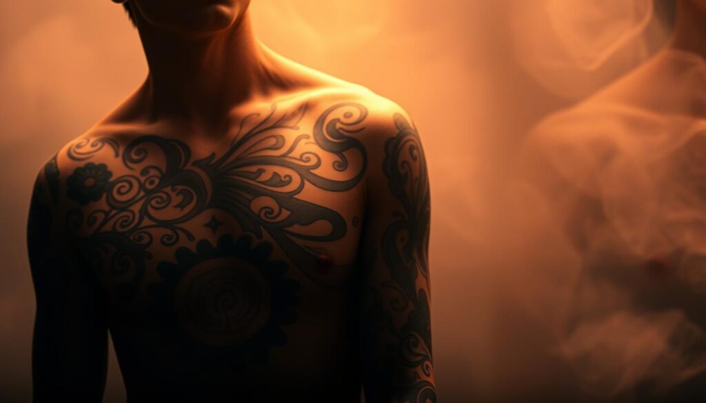 A person's body is a canvas for self-expression, with tattoos as the medium. Intricate designs flow along the contours of the skin, weaving a tapestry of personal symbolism. In the foreground, a figure's torso is adorned with vibrant, swirling patterns that seem to move with the body's natural movements. The middle ground features a close-up of delicate linework, highlighting the artistry and precision of the tattoo artist's craft. In the background, a hazy, dreamlike atmosphere sets the stage, casting a warm, ethereal glow that enhances the sense of personal transformation and creative exploration. Soft, diffused lighting accentuates the textural elements of the skin and ink, resulting in a captivating and evocative representation of the art of tattoos as a means of self-expression.