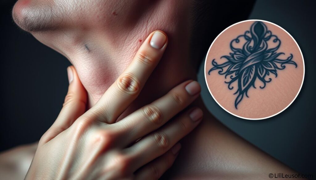 A person's hand gently touches the freshly inked neck tattoo, expressing the varying levels of pain. The skin is reddened and sensitive, with the needle's marks visible. In the background, a magnified view showcases the intricate linework and shading of the tattoo design, emphasizing the artistry involved. The lighting is soft and diffused, creating a contemplative atmosphere. The camera angle is slightly elevated, allowing the viewer to empathize with the subject's experience. The overall mood conveys the delicate balance between the discomfort of the tattooing process and the satisfaction of the final result.
