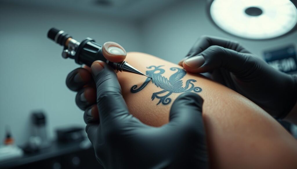 A person's hand holding a tattoo machine, the needle gently piercing the skin as ink flows into the dermis, creating a bold, solid blackout design. The background is a sterile, well-lit tattoo studio, with the artist's workstation in focus, showcasing the precision and control required for this technique. The lighting is soft and even, casting a subtle glow on the skin and highlighting the contrast between the black ink and the natural tone of the canvas. The mood is one of focus, concentration, and the artistry of the blackout tattoo process.