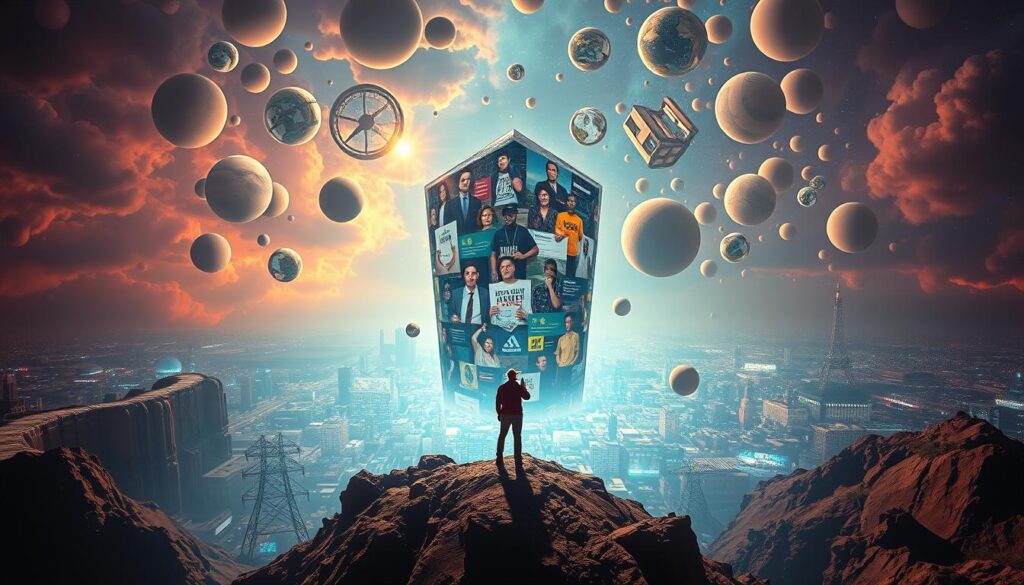 A pop culture phenomenon captured in a striking visual: a surreal, dreamlike depiction of a meme, its impact reverberating across digital landscapes. The foreground showcases the meme's iconic imagery, rendered with vibrant, hyperreal details. The middle ground features a collage of cultural references, meme templates, and internet subcultures, all intertwined in a tapestry of online expression. The background depicts a vast, kaleidoscopic expanse, hinting at the meme's pervasive influence and the interconnectedness of modern digital culture. Dramatic lighting casts dramatic shadows, evoking the gravity and significance of this cultural phenomenon. Shot with a wide-angle lens to convey a sense of scale and immersion, this image captures the meme's larger-than-life presence in the collective consciousness.