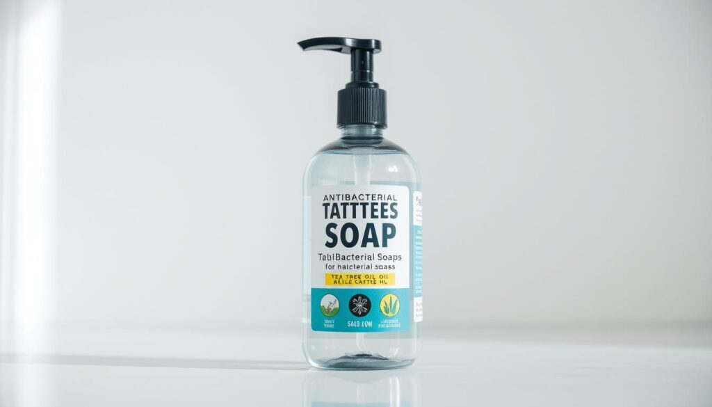 A pristine, close-up shot of a bottle of antibacterial soap for tattoos, set against a clean, minimalist background. The bottle has a modern, sleek design with clear labeling highlighting key ingredients like tea tree oil and aloe vera. Soft, diffused lighting accentuates the sheen of the bottle and the vibrant colors of the label. The composition emphasizes the bottle's form, inviting the viewer to study the product's key features. An atmosphere of clinical cleanliness and care pervades the scene, reflecting the soap's purpose of gently cleansing and protecting freshly inked skin.