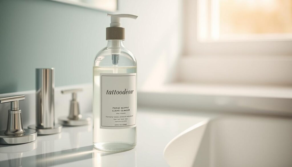 A pristine, glass bottle filled with a clear, soothing liquid sits atop a sleek, minimalist bathroom counter. The bottle's label features a simple, yet elegant design, highlighting the product's purpose as a gentle tattoo cleanser. Soft, natural lighting from a nearby window casts a warm, diffused glow, creating a serene and calming atmosphere. The scene conveys a sense of care and attention to detail, perfectly suited for the "How to Properly Clean a New Tattoo" section of the article.