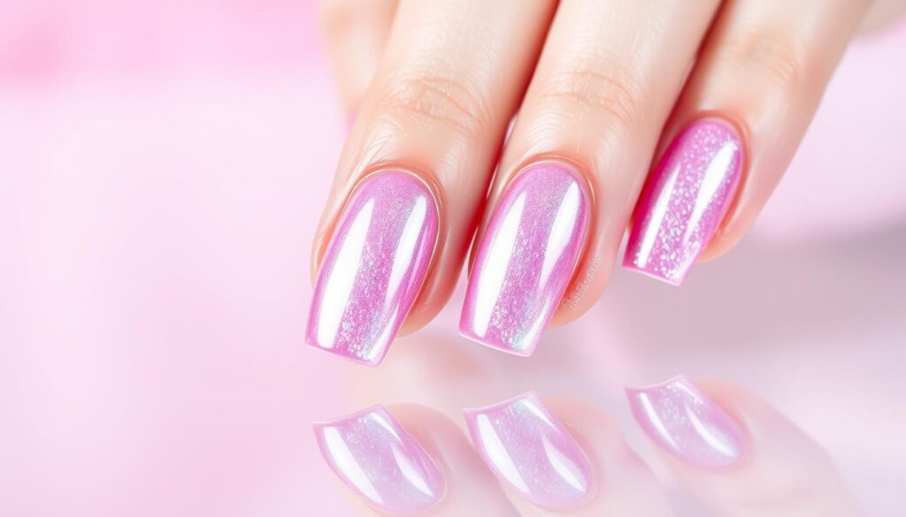 A pristine glass table top reflects the iridescent sheen of perfectly shaped, glossy pink nails. The nails are adorned with a subtle holographic topcoat that shimmers and refracts light, evoking the shimmering scales of a mythical mermaid. Soft, diffused studio lighting highlights the intricate nail art, casting gentle shadows that accentuate the dimensional textures. The background is a softly blurred, pastel-hued gradient that complements the pink tones of the nails, creating an elegant, ethereal atmosphere.