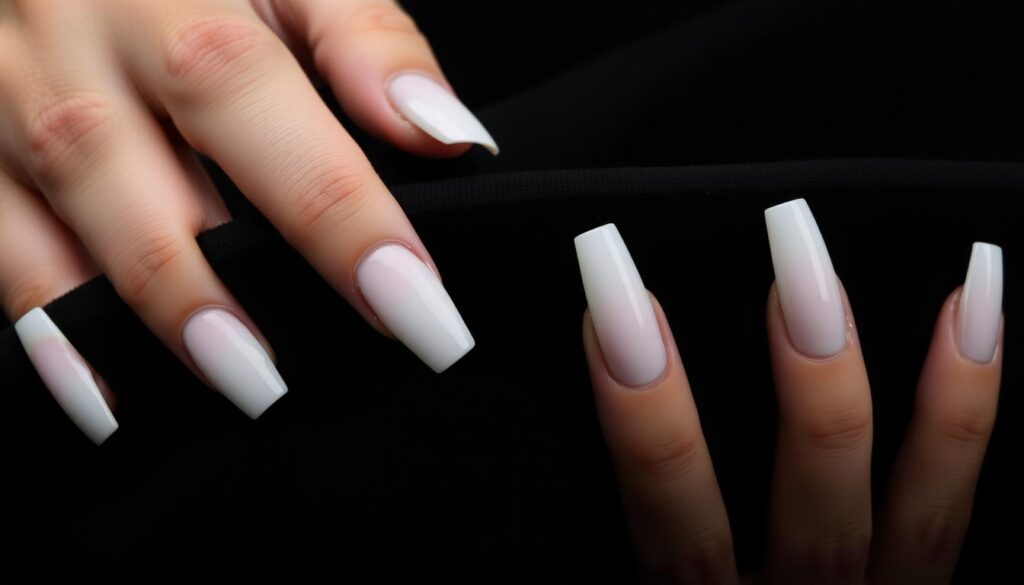 A pristine white set of coffin-shaped nails, meticulously manicured, resting elegantly against a dark, velvety backdrop. Soft, diffused lighting casts a gentle glow, highlighting the clean lines and subtle sheen of the nails. The nails are perfectly aligned, creating a visually striking and symmetrical composition. The scene exudes a sense of sophistication and refined taste, perfectly capturing the essence of the "Coffin Nail Shapes vs. Other Shapes" section of the article.