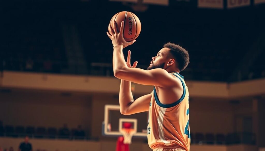 A professional basketball player, Steph Curry, stands poised on the court, his body in fluid motion as he prepares to release a three-point shot. The scene is captured in a dramatic close-up, highlighting the intense concentration on Curry's face and the perfect form of his shooting stance. The lighting is warm and dramatic, casting subtle shadows that accentuate the athlete's muscular physique. The background is blurred, keeping the focus solely on Curry and the moment of release, where the ball appears to hang in the air, poised to sink through the hoop. The image conveys the grace, power, and skill that have made Curry one of the greatest three-point shooters in the history of the sport.