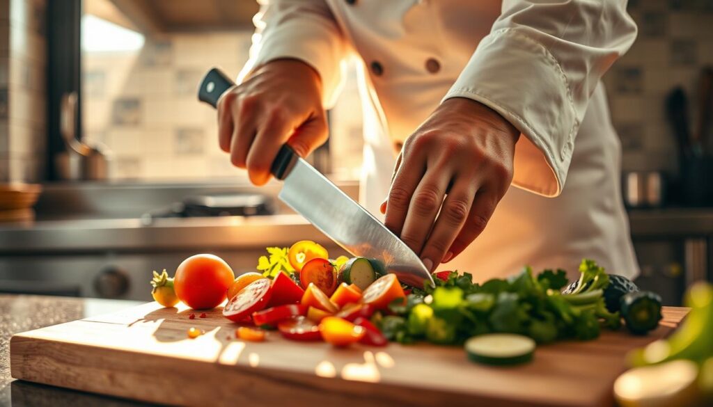 A professional chef's hands gracefully manipulating a razor-sharp chef's knife, skillfully slicing and dicing a selection of fresh, vibrant vegetables on a wooden cutting board. The scene is bathed in warm, natural light filtering through a large window, casting a soft, golden glow over the elegant, time-honored French cutting techniques on display. The background is a well-equipped professional kitchen, with gleaming stainless steel appliances and a tile backsplash that complements the earthy tones of the produce. The overall atmosphere evokes a sense of timeless culinary mastery and the enduring legacy of French culinary traditions.