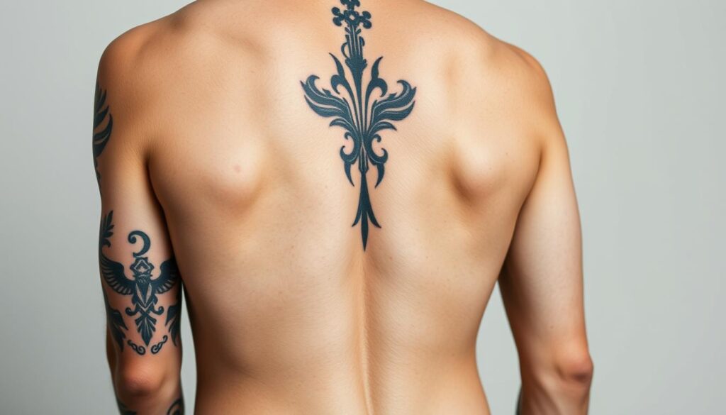 A professional studio photography of a human body displaying tattoos on various placement areas, with a clean, minimalist backdrop. The lighting is soft and diffused, accentuating the details of the skin and the tattoo designs. The camera angle is slightly elevated, providing a comprehensive view of the tattoo placements, including the forearm, shoulder, ribs, and back. The overall composition is balanced and aesthetically pleasing, allowing the viewer to clearly understand the costs associated with different tattoo placement locations.
