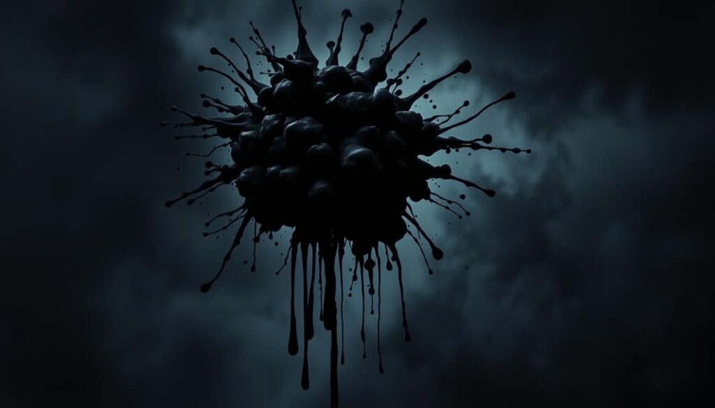 A rebellious ink blot, oozing and dripping with a defiant energy, cast against a moody, atmospheric backdrop. The inky mass twists and writhes, its ebony tendrils lashing out with a raw, untamed spirit. Shards of light pierce through the darkness, illuminating the rebellious essence, while deep shadows add an air of mystery and edge. The overall composition conveys a sense of self-expression, individuality, and the power of reclaiming one's identity through bold, unapologetic artistic expression.