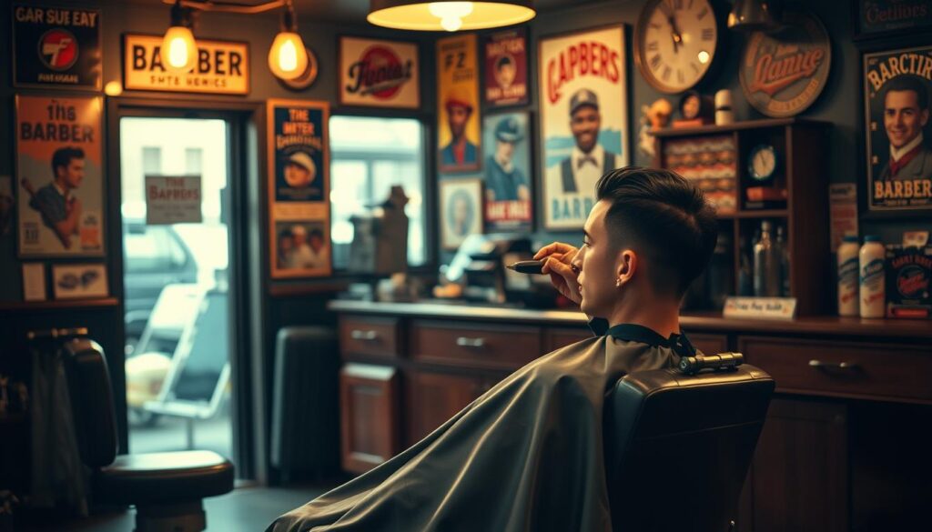 A retro barbershop setting, circa 1970s, dimly lit with warm incandescent bulbs. The focal point is a vintage barber chair with a customer getting their signature low taper fade haircut, the stylist's hands skillfully blending the clipper lines. In the background, old-school barber posters and memorabilia adorn the walls, conveying the origins and nostalgic appeal of this iconic men's hairstyle. The overall composition evokes a sense of timeless cool, capturing the humble beginnings of the low taper fade meme that would later captivate modern pop culture.