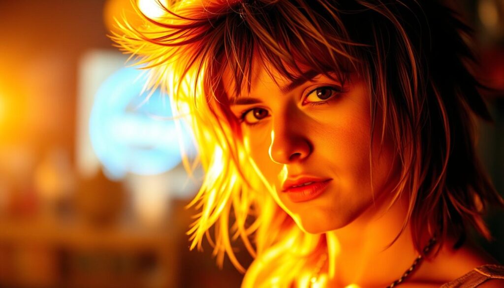 A retro-inspired mullet hairstyle with a modern twist, captured in a stylish and evocative portrait. The subject has a confident, slightly rebellious expression, their tousled locks framing their face in a striking, asymmetrical silhouette. Warm, golden lighting bathes the scene, creating a nostalgic, vintage-inspired atmosphere. The background is a softly blurred, retro-themed setting, hinting at the revival of this iconic hairstyle. The image conveys a sense of embracing the boldness and individuality of the mullet, celebrating its resurgence in contemporary culture.