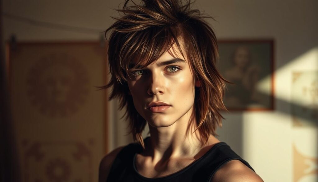 A retro mullet hairstyle revival in an artfully lit studio setting. In the foreground, a model with a tousled, feathered mullet hairstyle that evokes the classic 1970s and 80s aesthetic. The middle ground features a vintage-inspired backdrop with muted colors and subtle textures, hinting at a bygone era. Dramatic side lighting casts dramatic shadows, accentuating the model's facial features and the retro hairstyle. The overall mood is one of nostalgic cool, capturing the enduring appeal and modern resurgence of this iconic look.